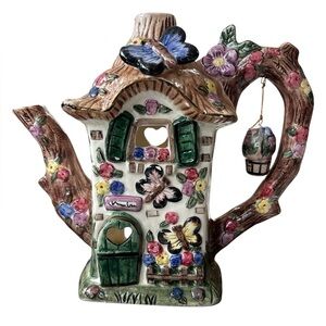 Vintage Ceramic Cottage Fairy House Teapot Butterfly Tea Light Candle Holder - L